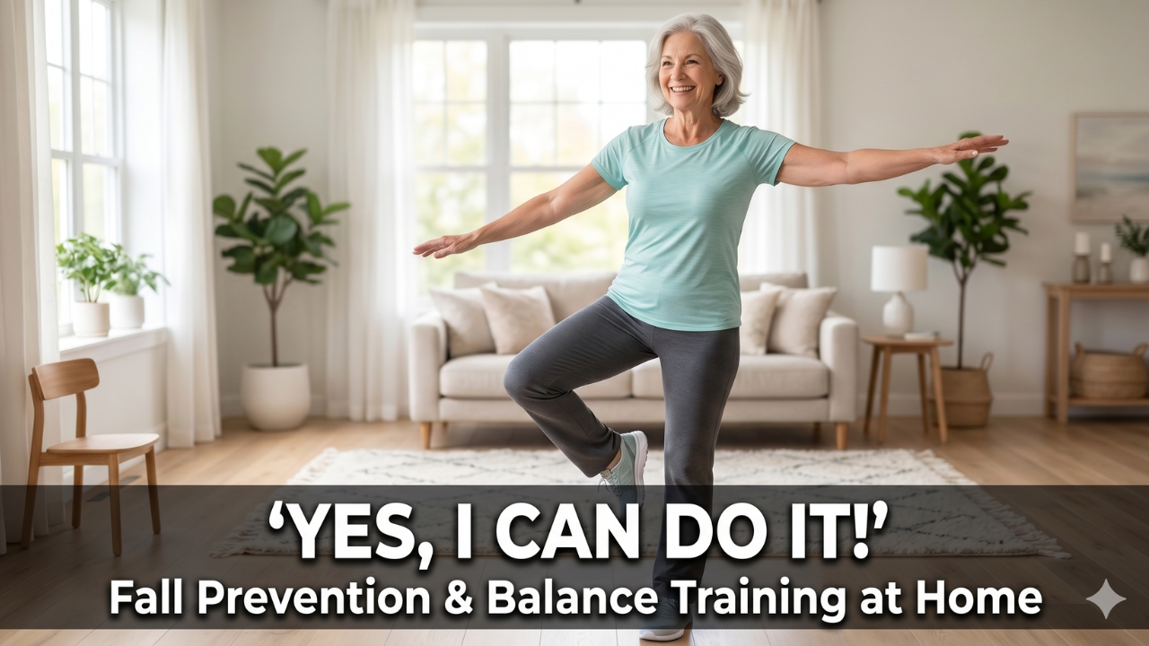 Senior woman confidently balancing at home — Fall Prevention Yes I Can Do It