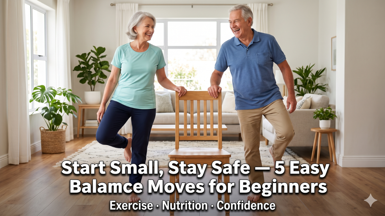 Senior couple doing balance exercises at home with chair support