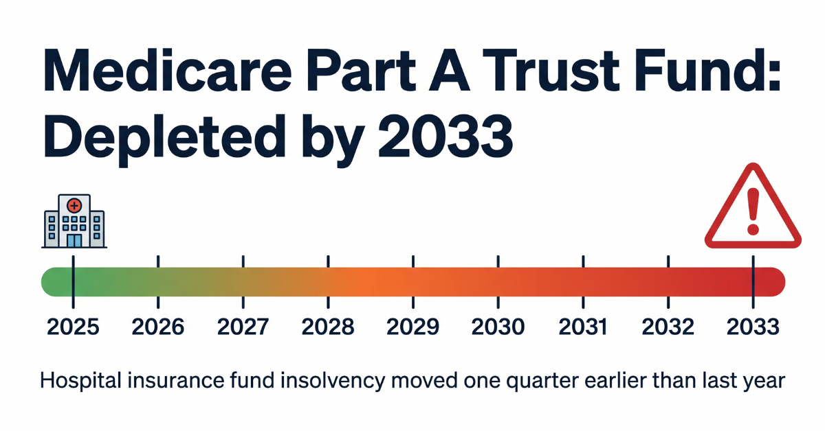 Timeline showing the projected depletion date of the Medicare Hospital Insurance Trust Fund in 2033
