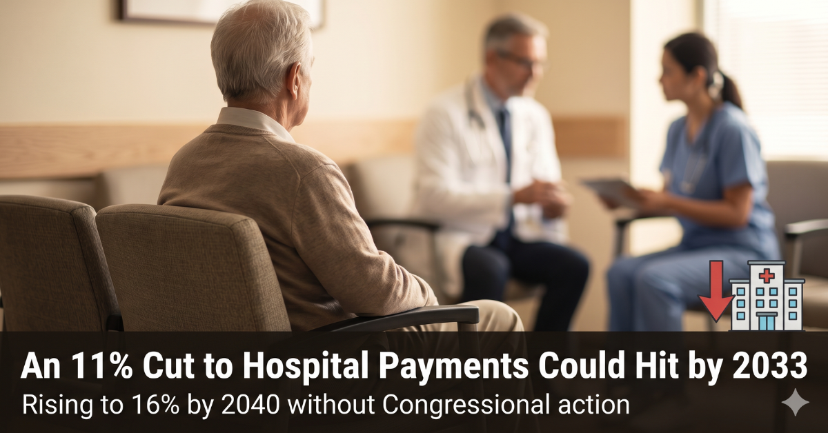 Senior Medicare patient sitting in a hospital waiting room, representing how potential payment cuts could affect care