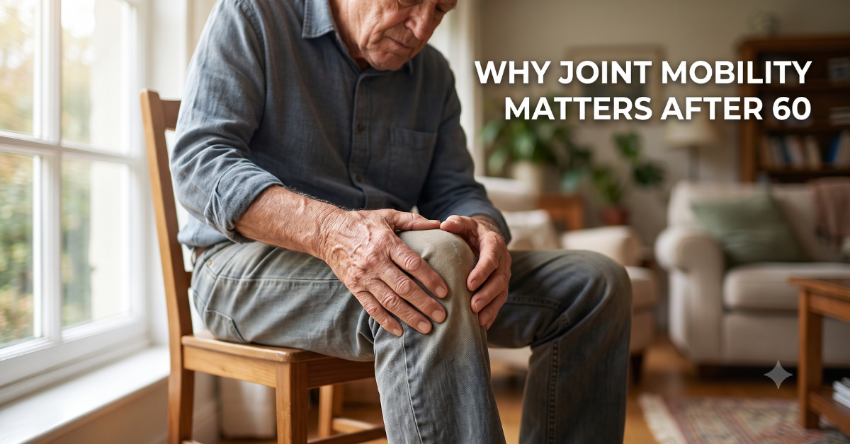 Elderly man gently massaging his knee at home, joint health awareness