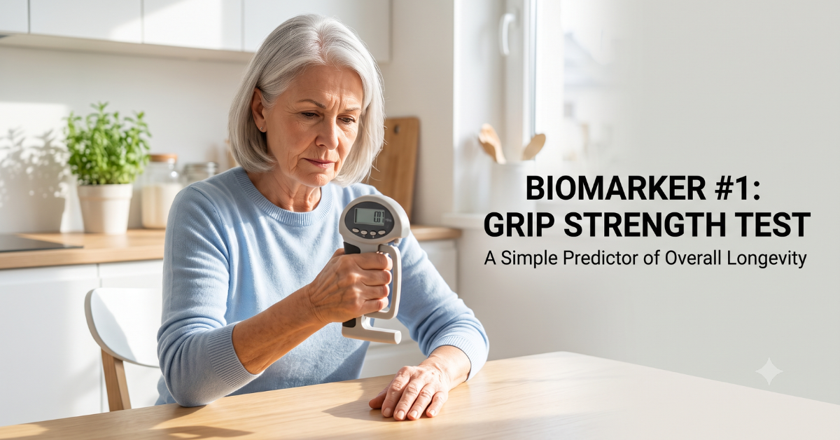 Senior woman using a hand grip dynamometer at home to test grip strength