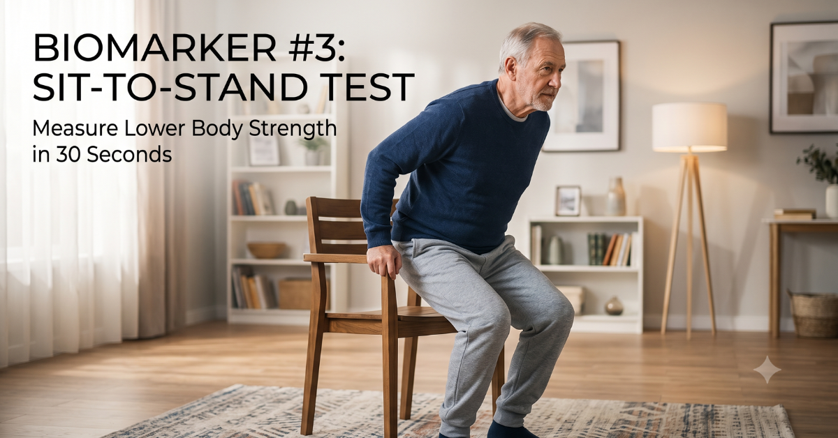 Senior man performing a sit-to-stand exercise from a sturdy chair at home