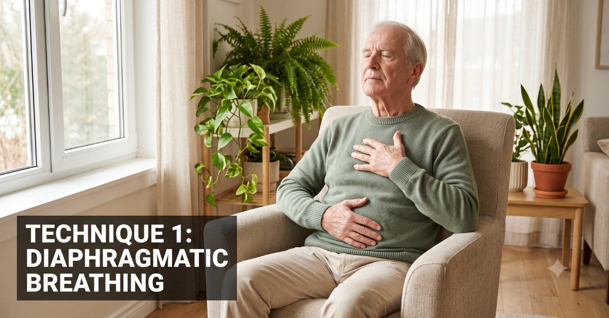 Elderly man practicing diaphragmatic breathing in an armchair