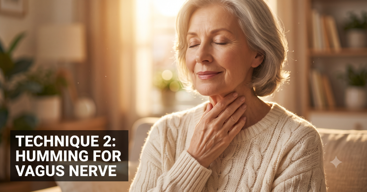 Senior woman humming softly, hand near throat