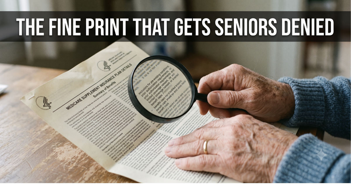 Elderly person reviewing Medicare paperwork with a magnifying glass