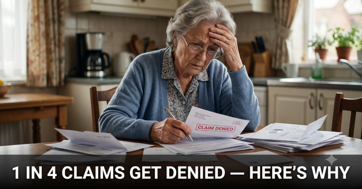 Worried senior at kitchen table reviewing a Medicare denial letter