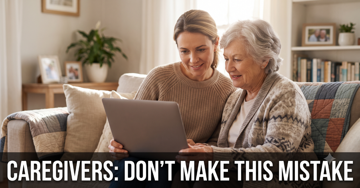 Adult daughter and elderly mother reviewing information together on a laptop