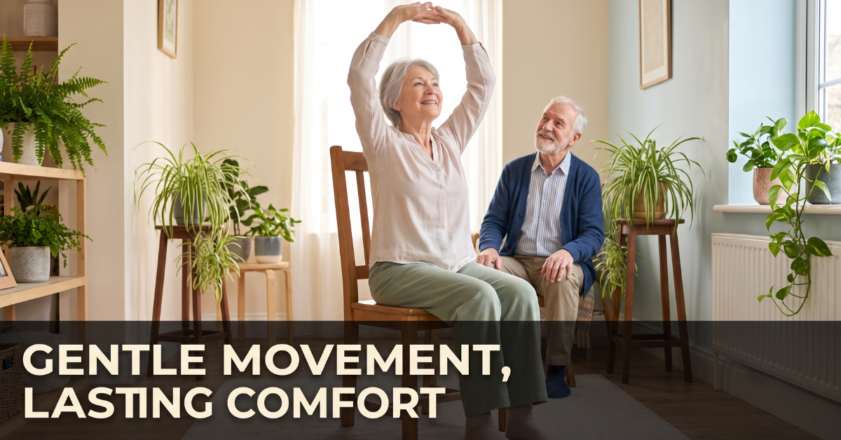 Seniors practicing gentle chair-based movement together