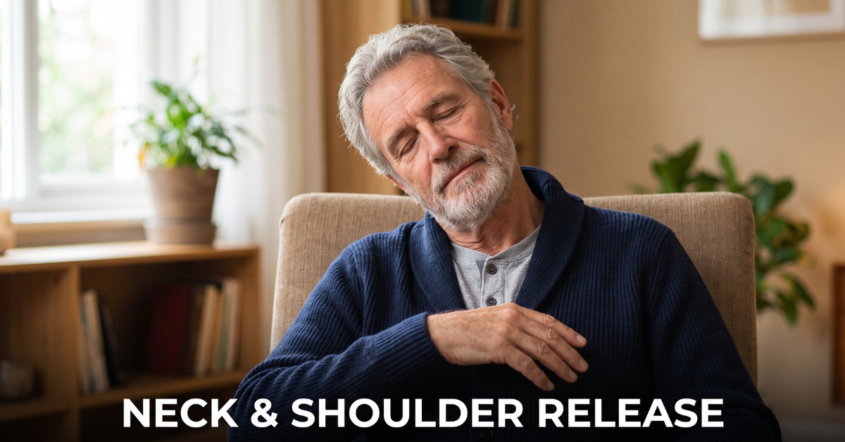 Senior man performing gentle neck and shoulder release exercise