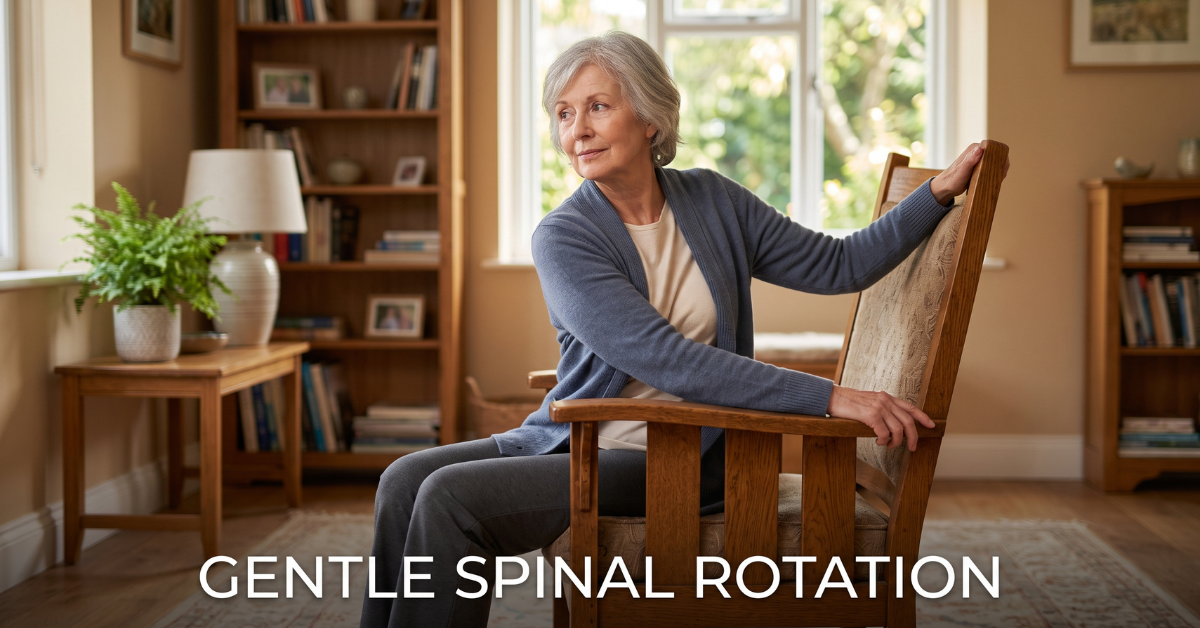 Senior woman performing seated spinal rotation exercise in a chair