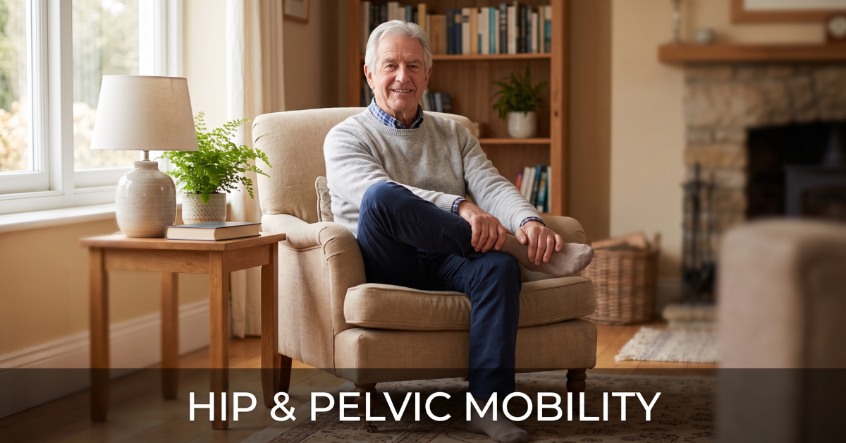 Senior man doing a seated hip and pelvic mobility stretch