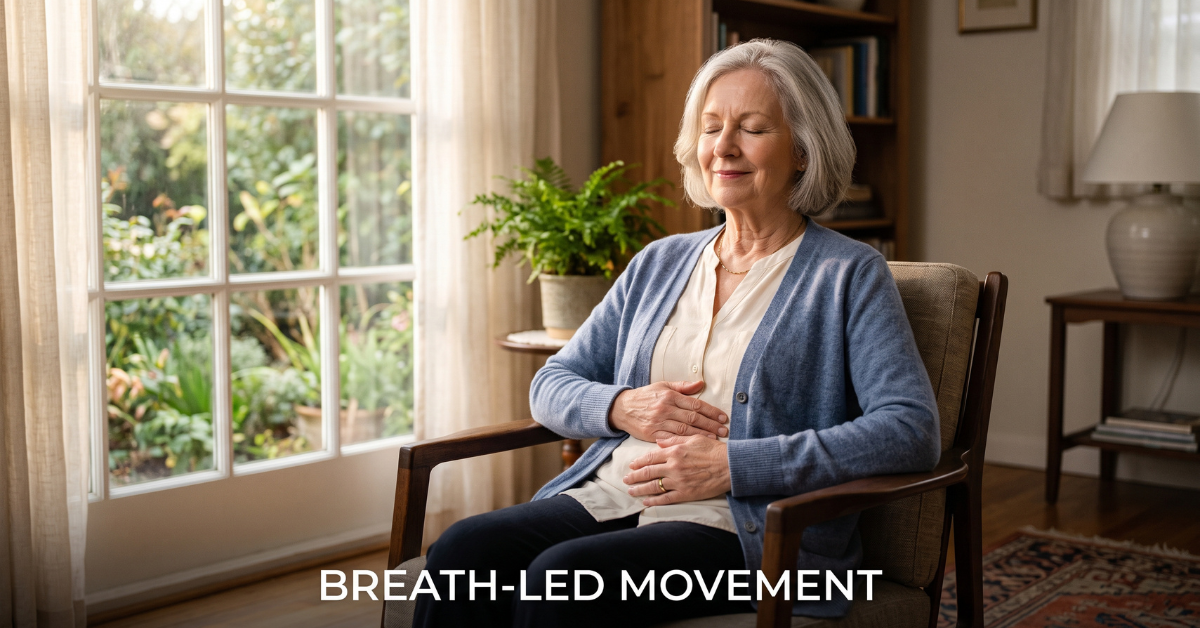 Senior woman practicing breath-led seated movement