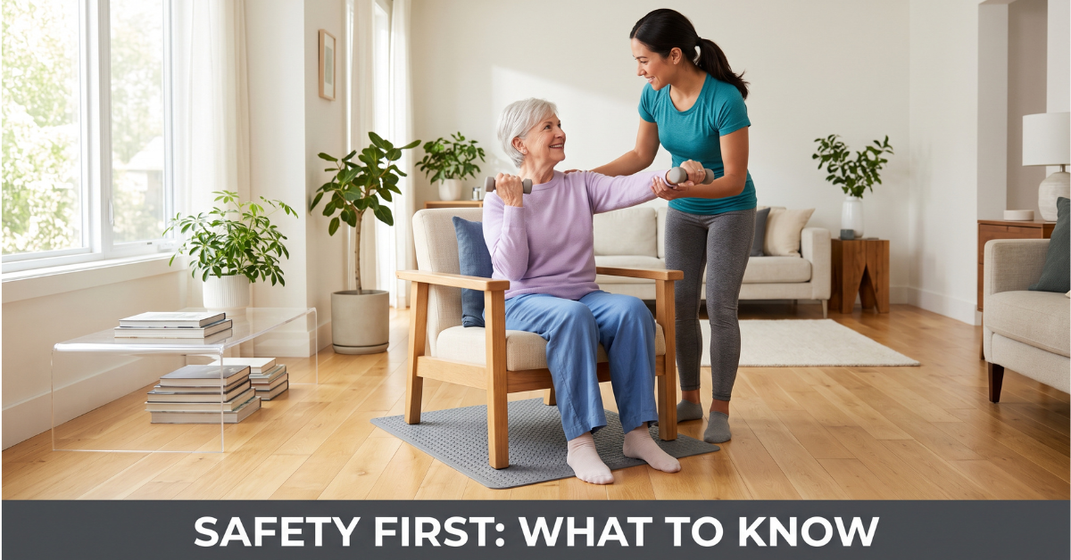 Safe chair setup for senior exercise with non-slip mat