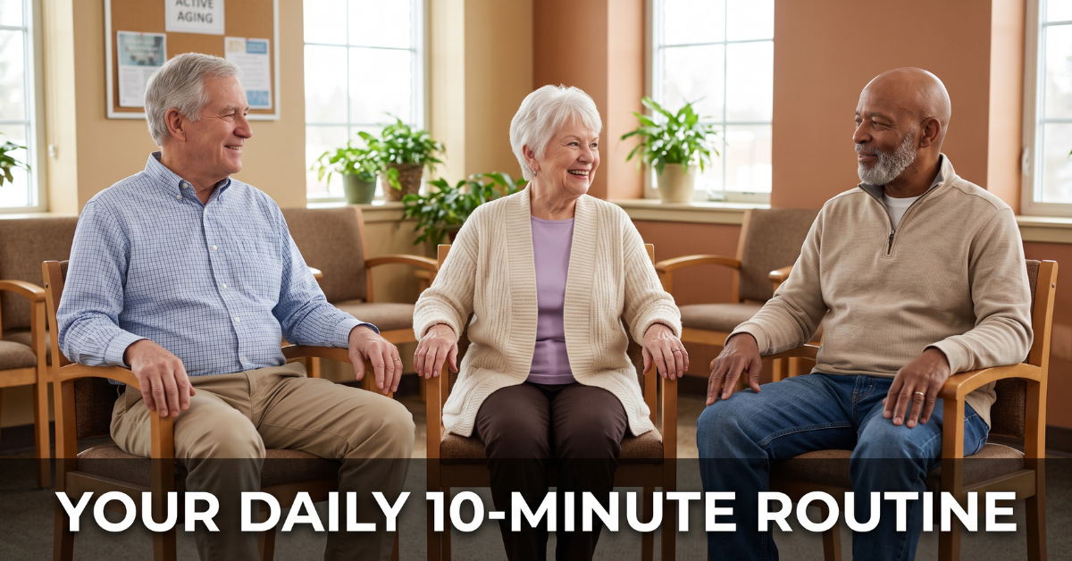 Group of seniors sitting together after a chair-based exercise session