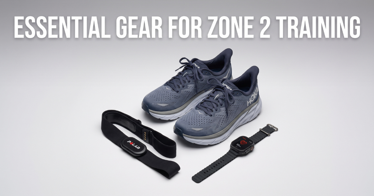 Essential gear for Zone 2 training: heart rate monitor, shoes, watch