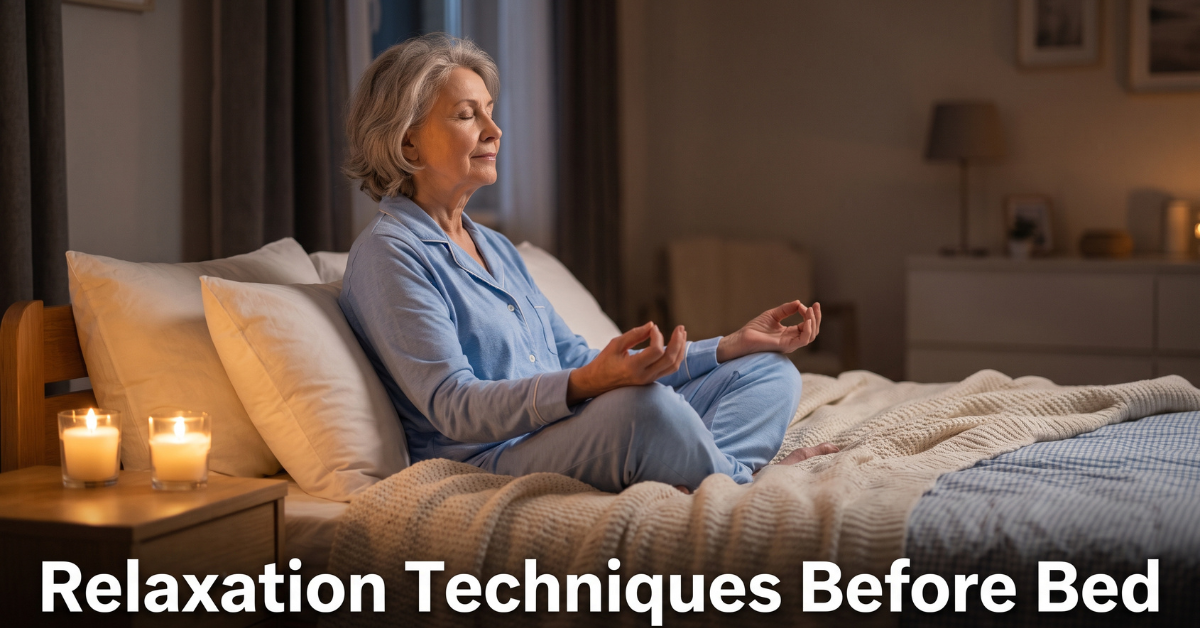 Elderly woman practicing relaxation and breathing exercises before bed
