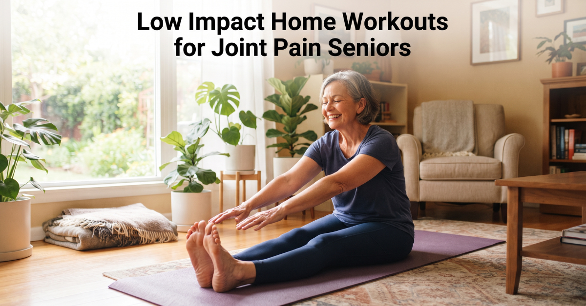 Smiling senior woman doing a gentle seated stretch at home