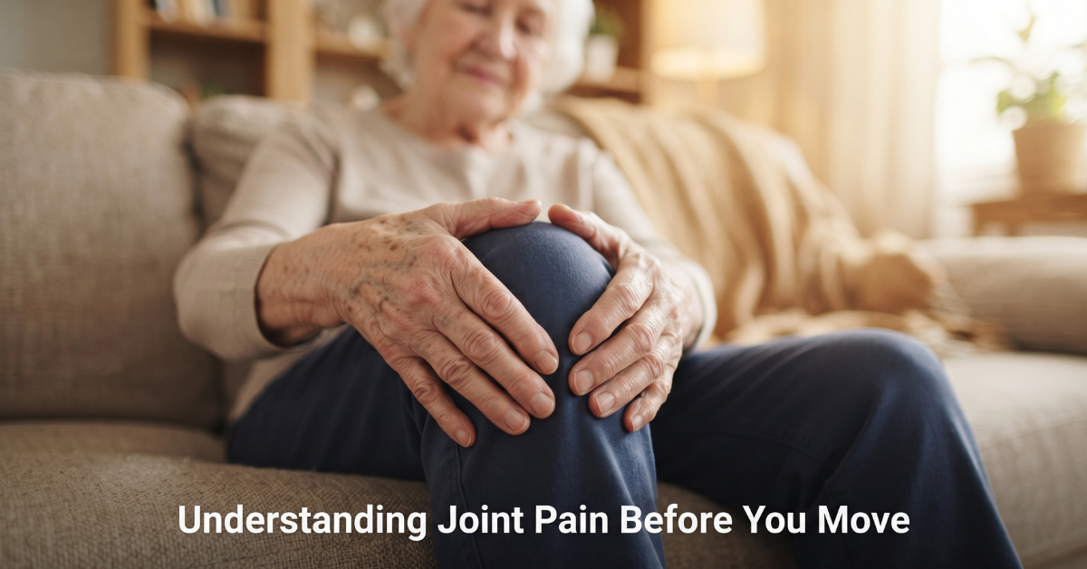 Elderly person's hands gently touching their knee