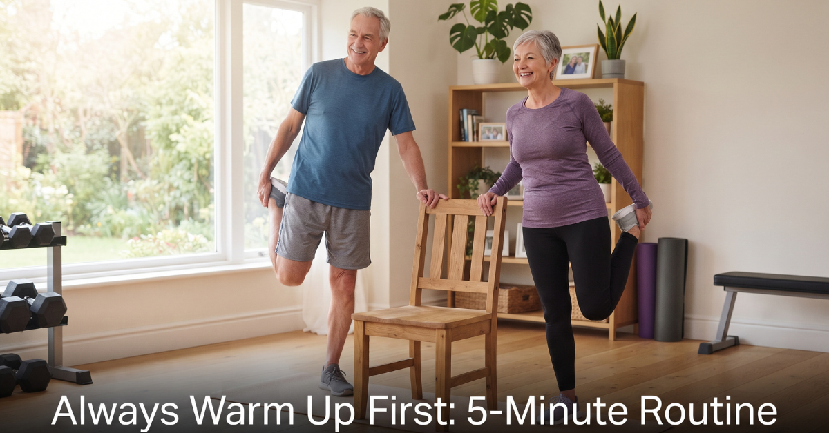 Senior couple stretching together with a chair for support