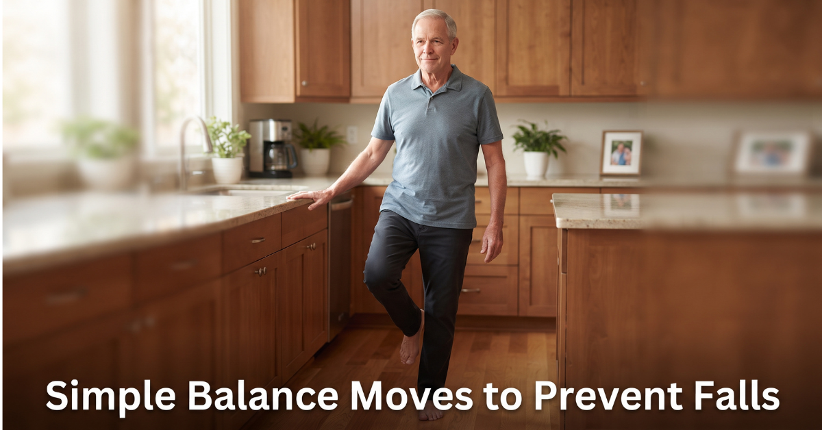 Senior man practicing a standing balance exercise near a kitchen counter
