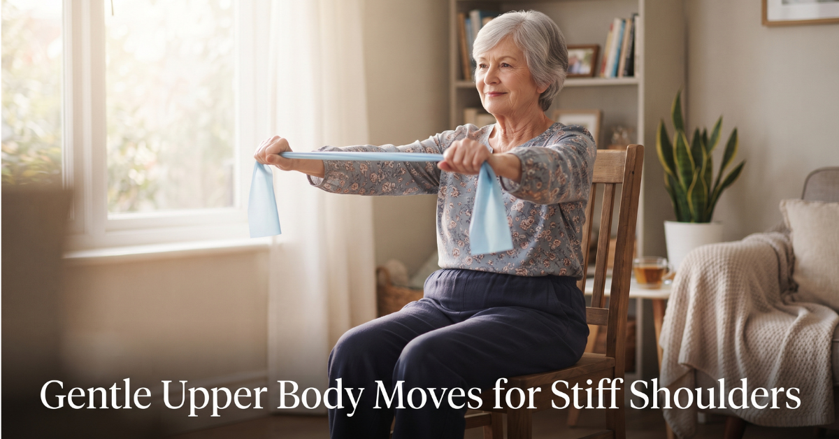 Elderly woman doing a gentle seated shoulder stretch with a resistance band