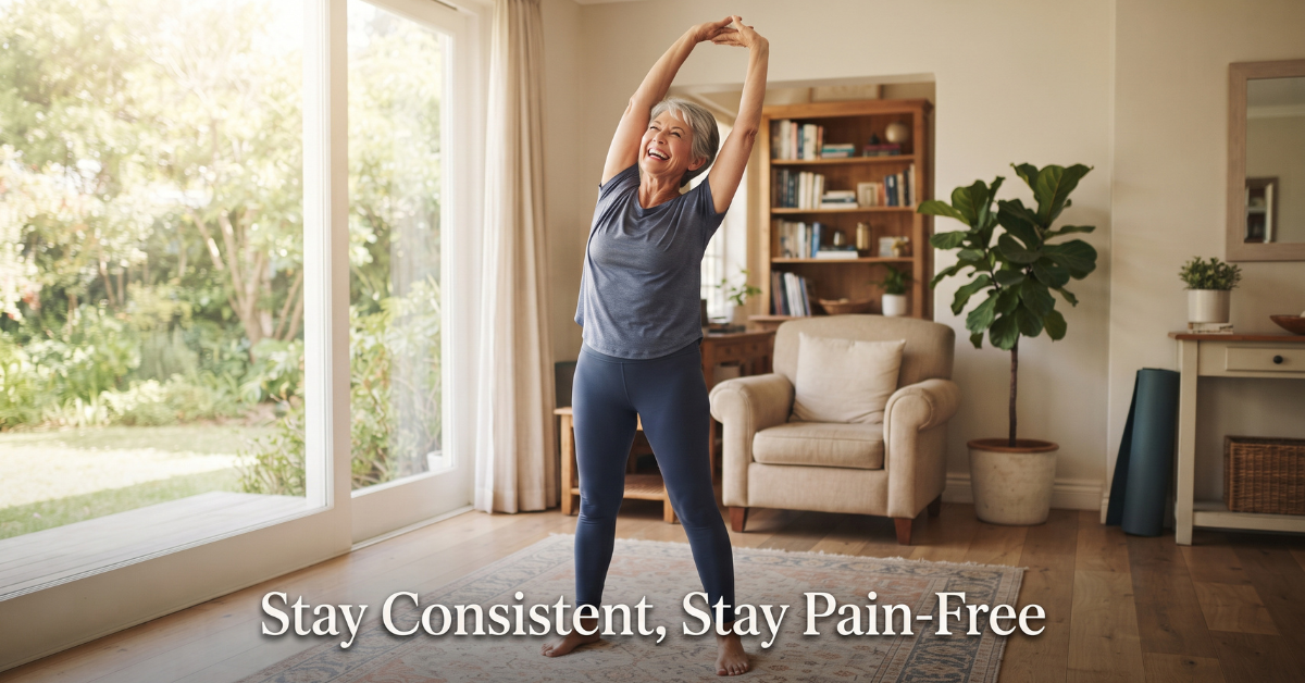 Low impact home workouts for joint pain seniors - joyful senior woman stretching