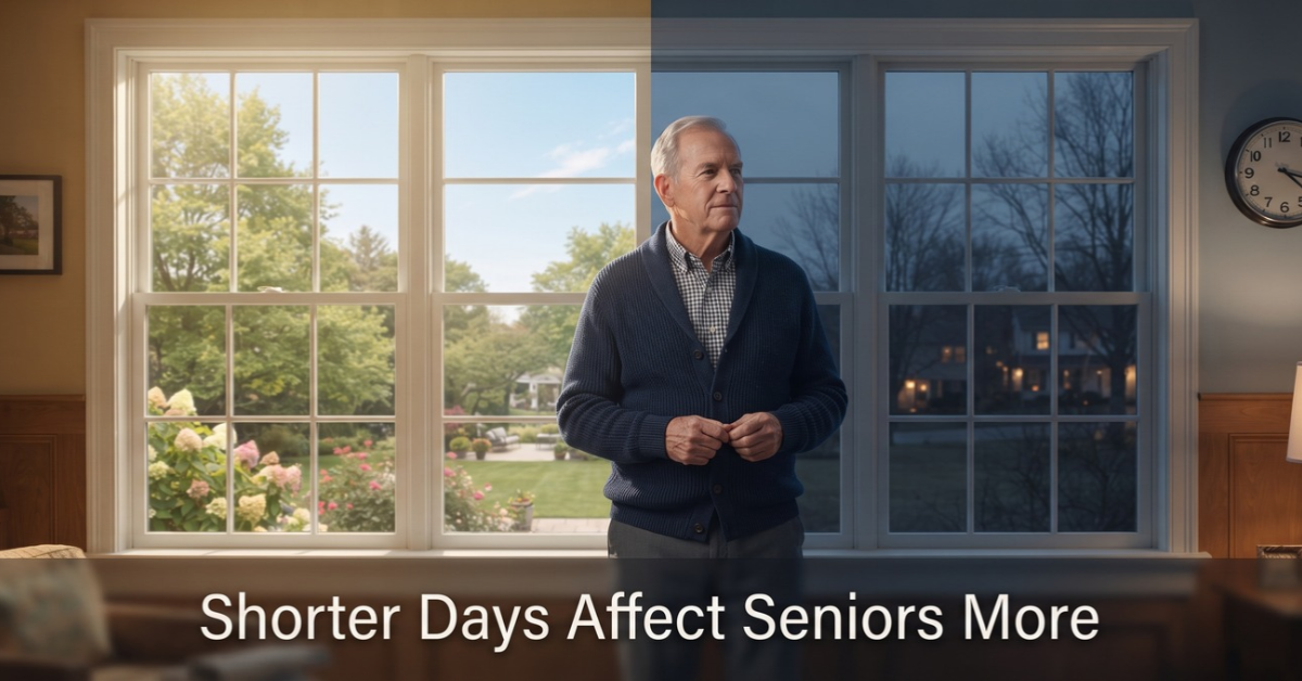 Older man looking out a window comparing a sunny summer day with an early dark winter evening, showing why shorter days affect seniors