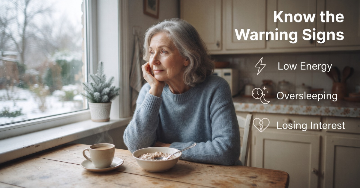 Tired older woman at a kitchen table with untouched breakfast, showing warning signs of seasonal affective disorder in seniors such as low energy and losing interest