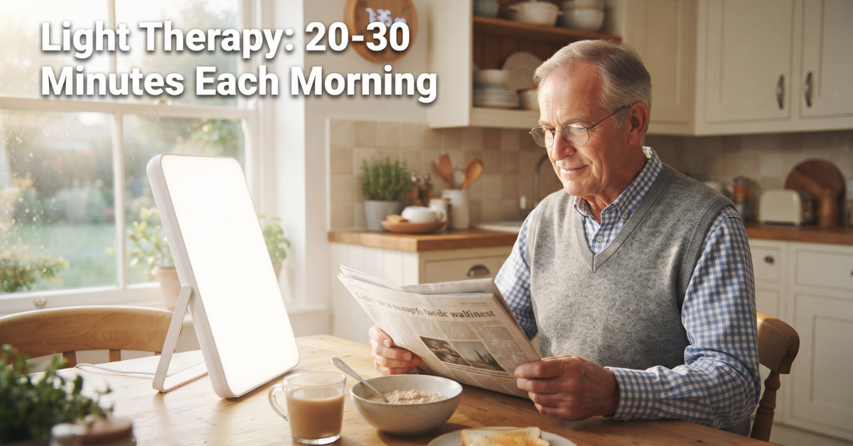 Senior man reading a newspaper at breakfast beside a white light therapy lamp, showing light therapy for seasonal affective disorder in seniors