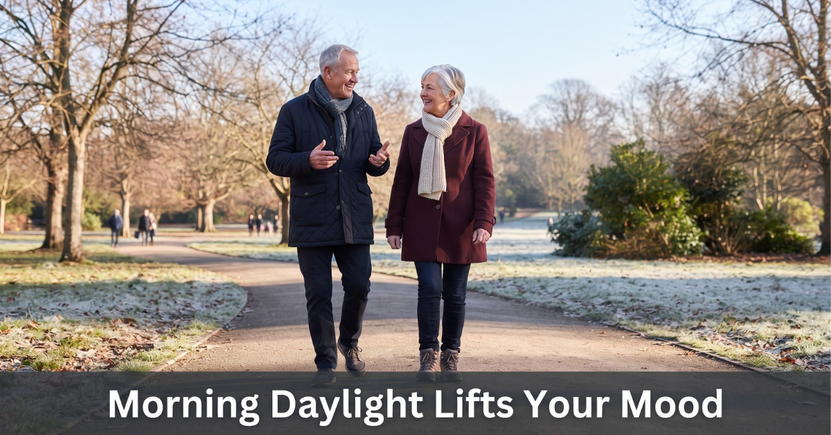 Senior couple walking together in a park on a sunny winter morning, showing how morning daylight can lift mood in older adults