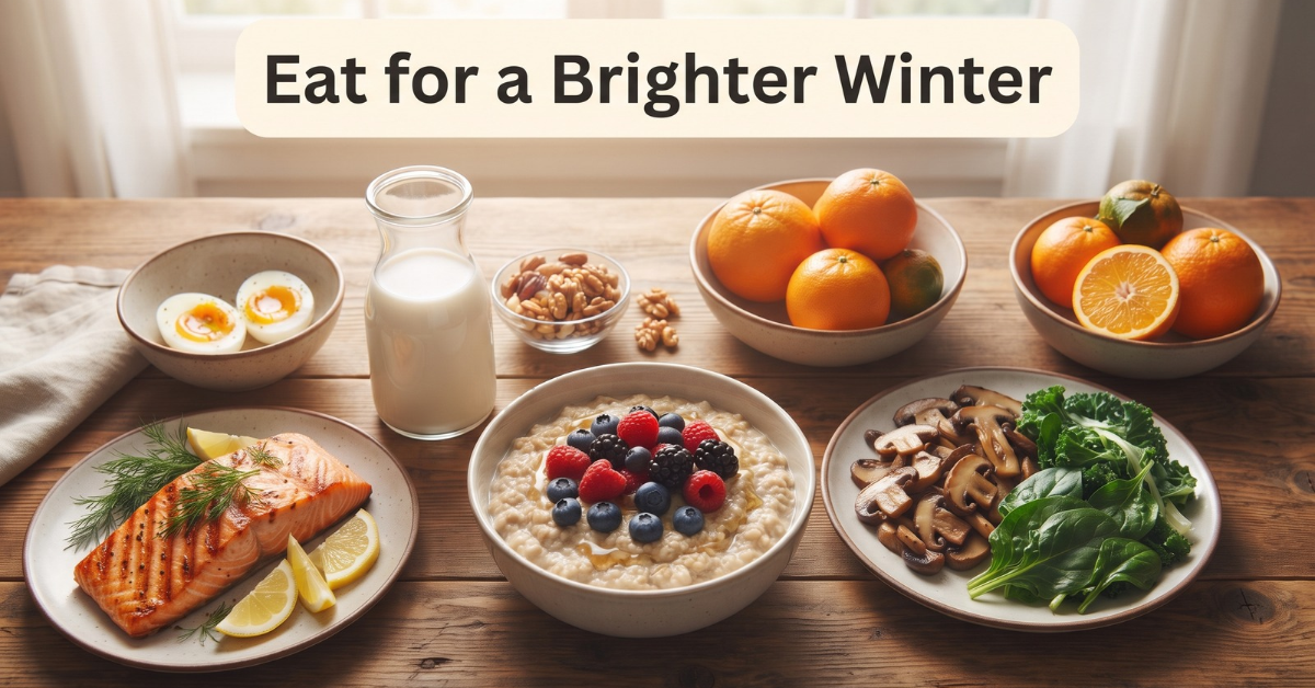 Flat lay of mood-supporting winter foods including salmon, eggs, mushrooms, leafy greens, walnuts, oranges and oatmeal for seniors