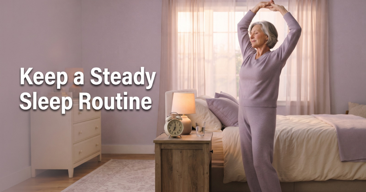 Senior woman stretching beside her bed at dawn in a calm bedroom, illustrating a steady sleep routine for seniors in winter