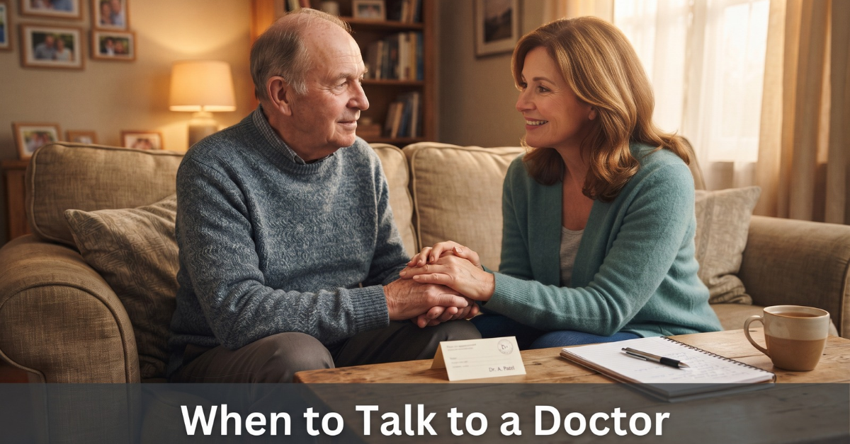 Adult daughter holding her elderly father's hand on a sofa, talking about when to see a doctor for seasonal affective disorder in seniors