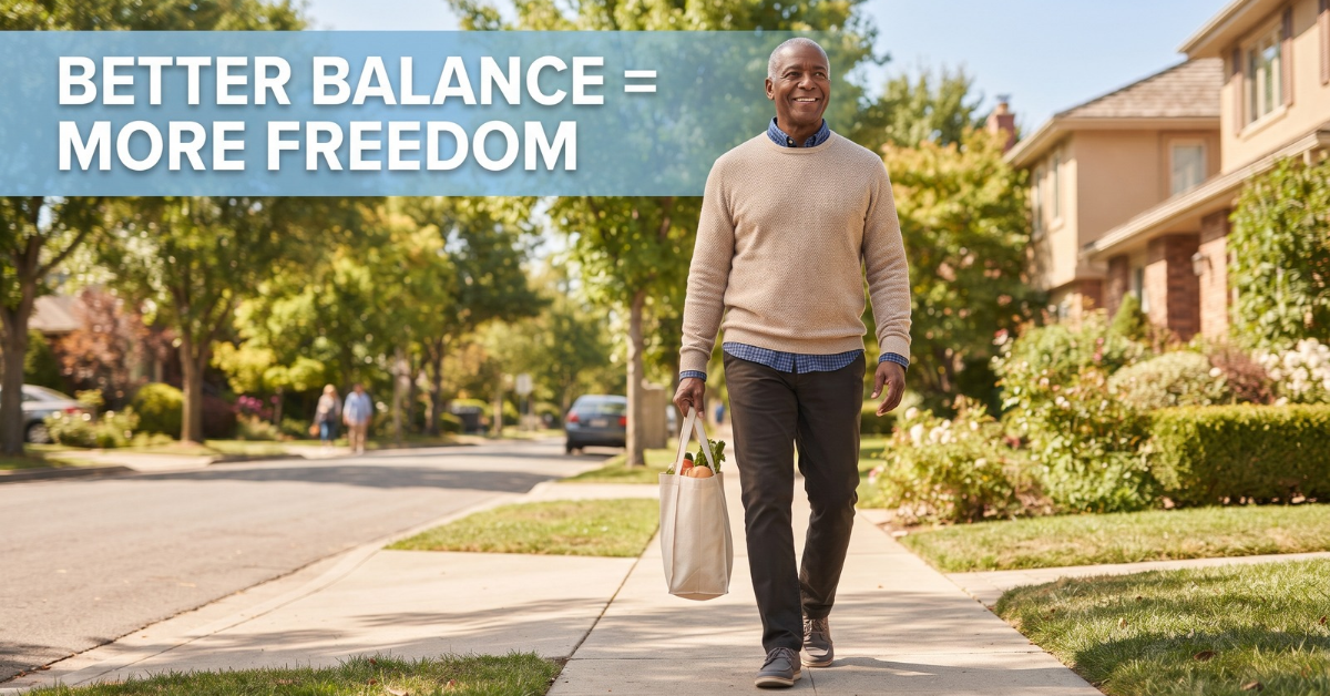 Older man walking confidently outdoors, showing the benefits of balance exercises after 65