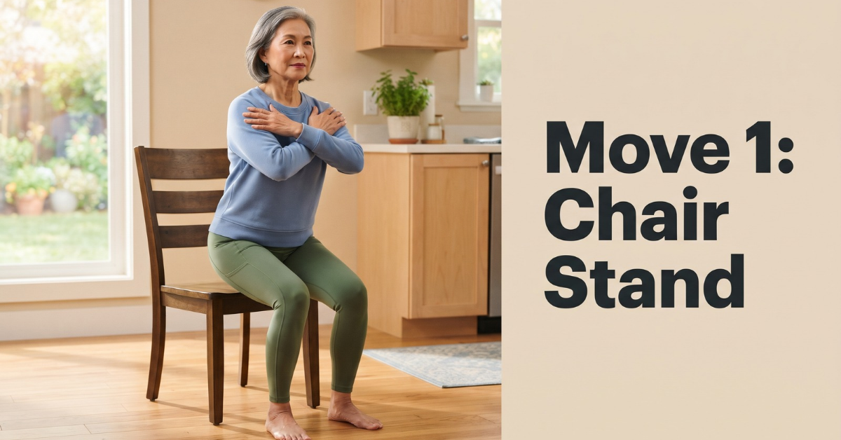 Older woman doing a chair stand exercise at home with arms crossed over her chest