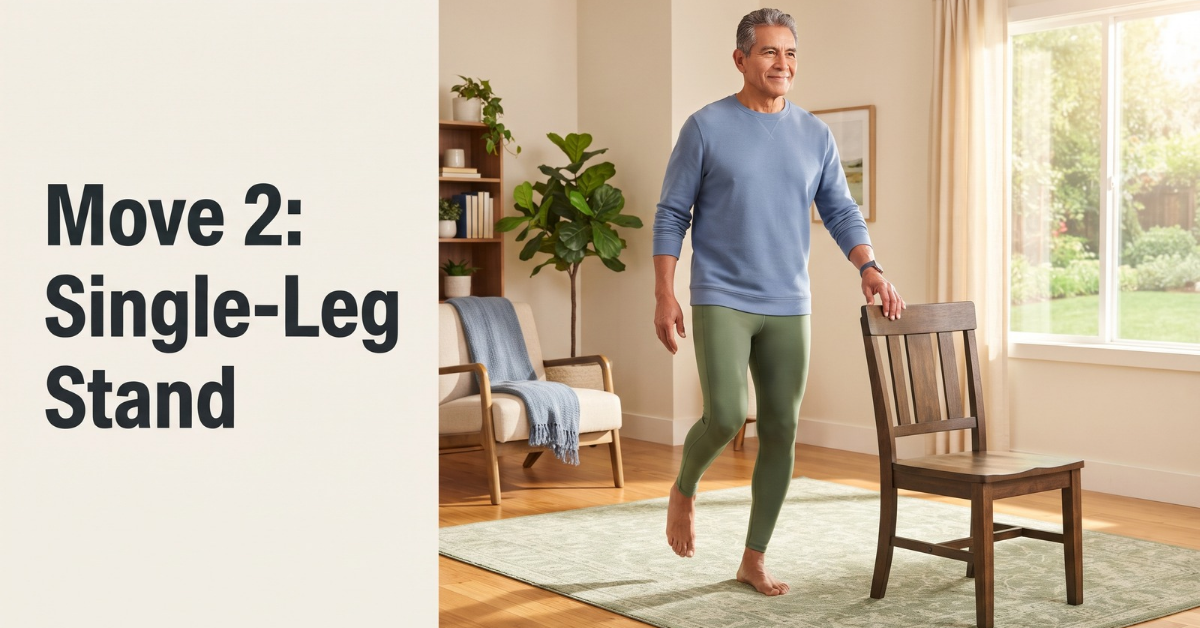 Older man practicing a single-leg stand while lightly touching a chair for support