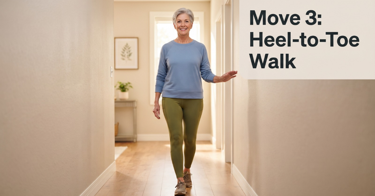 Older woman doing a heel-to-toe walk along a hallway wall for safety