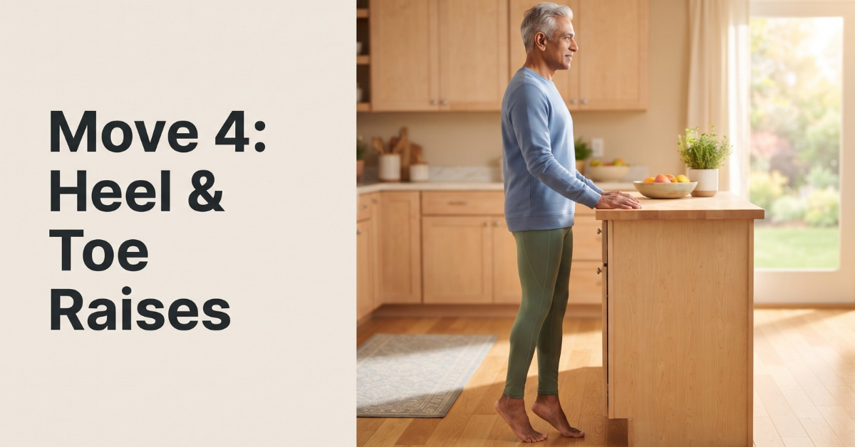 Older man doing heel raises while holding a kitchen counter