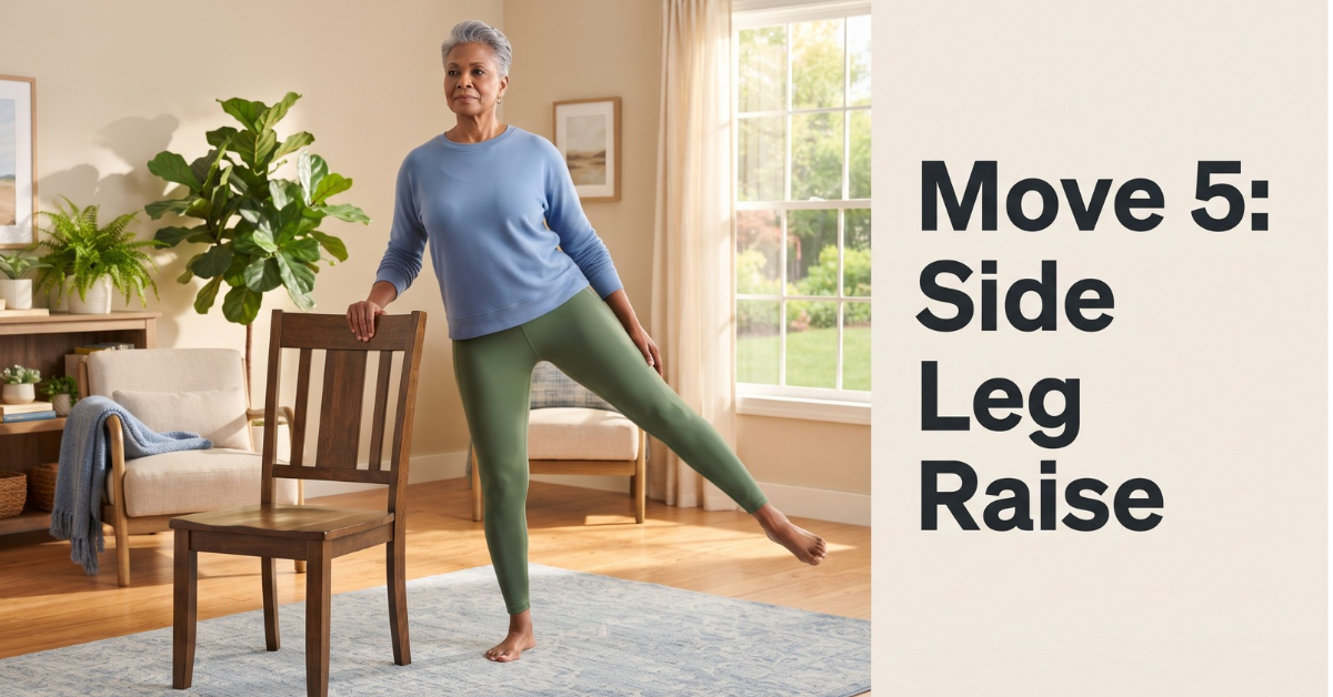 Older woman doing a side leg raise while holding the back of a chair