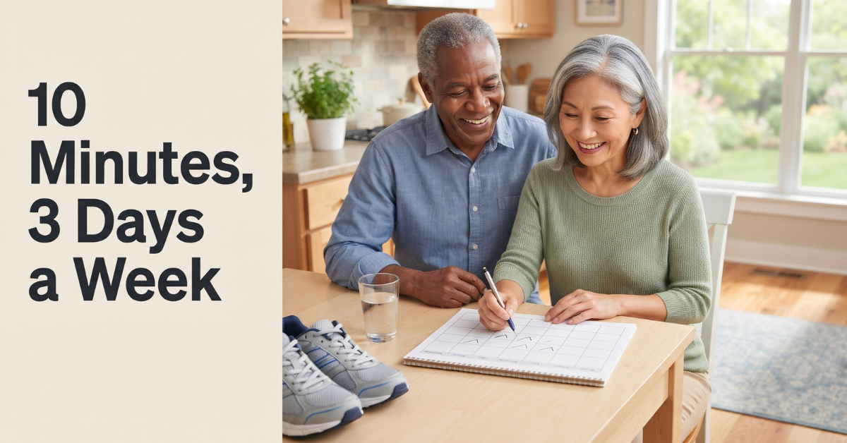 Older couple marking a weekly calendar to track their home balance routine